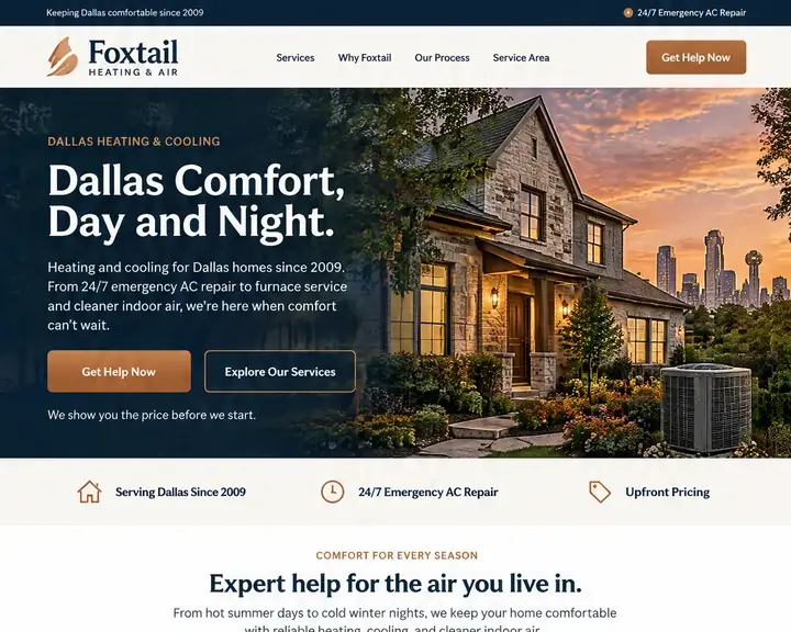 Homepage design for a heating and air conditioning company in Dallas: navy, cream and copper; 'Dallas Comfort, Day and Night.' over a stone house at dusk with the Dallas skyline; three photo service cards; technician beside a condenser; navy 24/7 emergency band; Dallas map with highway shields
