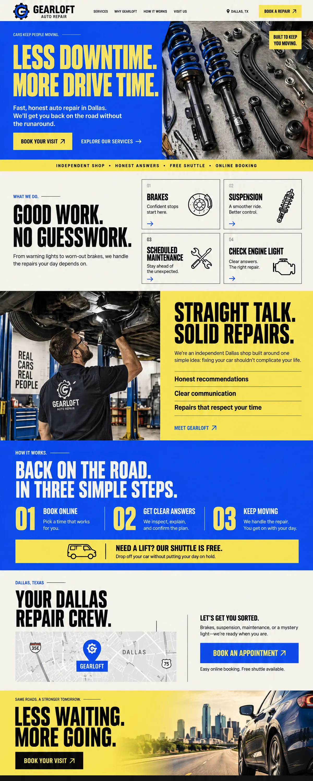 Homepage design for an auto repair shop in Dallas: electric blue, bright yellow and black condensed capitals; 'Less Downtime. More Drive Time.' beside struts and control arms on a shop floor; yellow ticker band; numbered four-service grid; mechanic under a lift; free shuttle bar; Dallas map