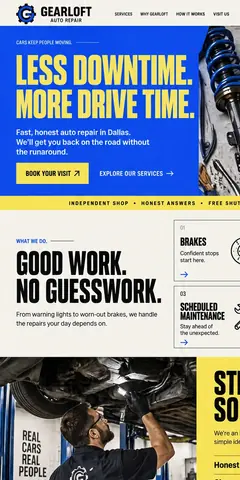 The top of the same auto repair shop design in a phone-sized frame