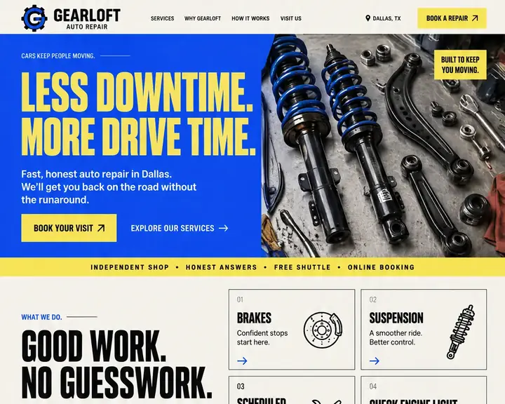 Homepage design for an auto repair shop in Dallas: electric blue, bright yellow and black condensed capitals; 'Less Downtime. More Drive Time.' beside struts and control arms; yellow ticker with free shuttle and online booking; numbered four-service grid; mechanic under a lift