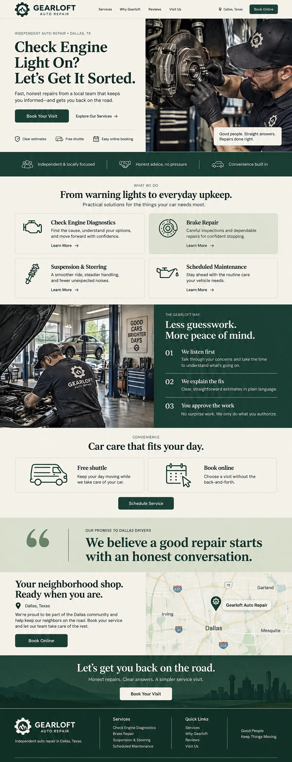 Homepage design for an auto repair shop in Dallas: cream and forest green with serif headlines; close-up of a gloved technician at a brake rotor; four service cards; three-step 'Gearloft Way' panel; free shuttle and online booking cards; Dallas map