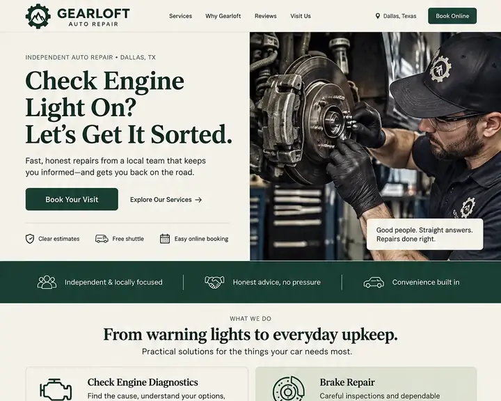 Homepage design for an auto repair shop in Dallas: cream and deep forest green, serif headlines; close-up of a gloved technician at a brake rotor; four service cards; three-step 'Gearloft Way' panel; free shuttle and online booking cards; Dallas map