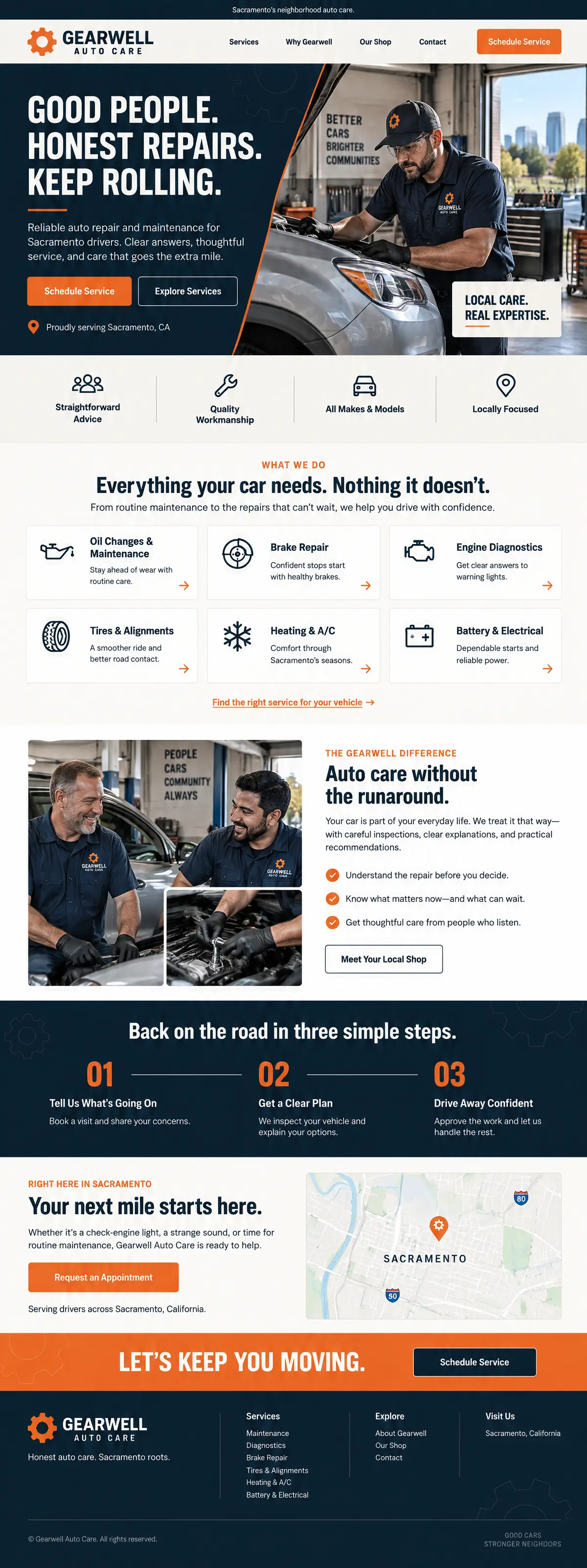 Homepage design for an auto repair shop in Sacramento: navy, orange and cream; 'Good People. Honest Repairs. Keep Rolling.' with a diagonal photo of a mechanic at a car; icon trust row; six service cards; two smiling mechanics; navy three-step band; Sacramento map; orange call band