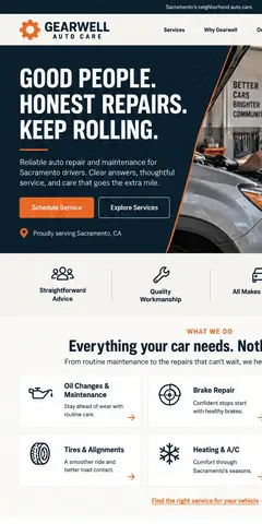 The top of the same auto repair shop design in a phone-sized frame
