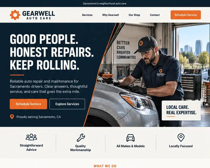 Homepage design for an auto repair shop in Sacramento: navy, orange and cream; 'Good People. Honest Repairs. Keep Rolling.' beside a mechanic at a car; an orange Schedule Service button; icon trust row with all makes and models; six service cards; two smiling mechanics