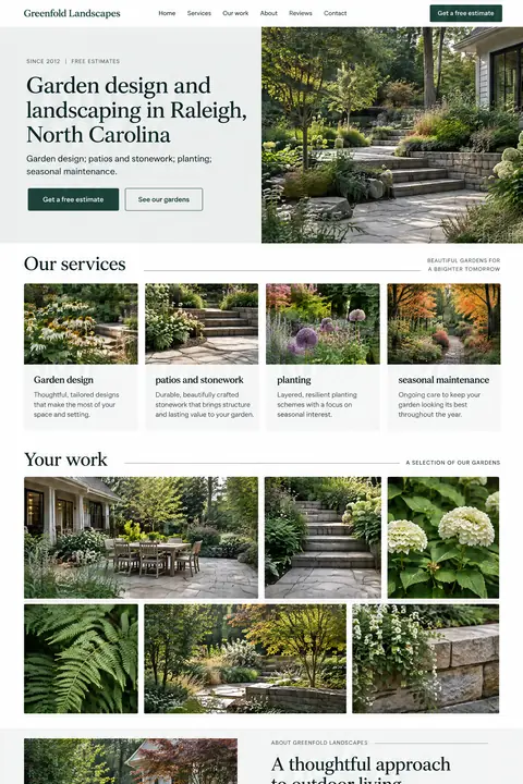 Example homepage design for Greenfold Landscapes, a fictional landscaper in Raleigh, North Carolina (earthy look)