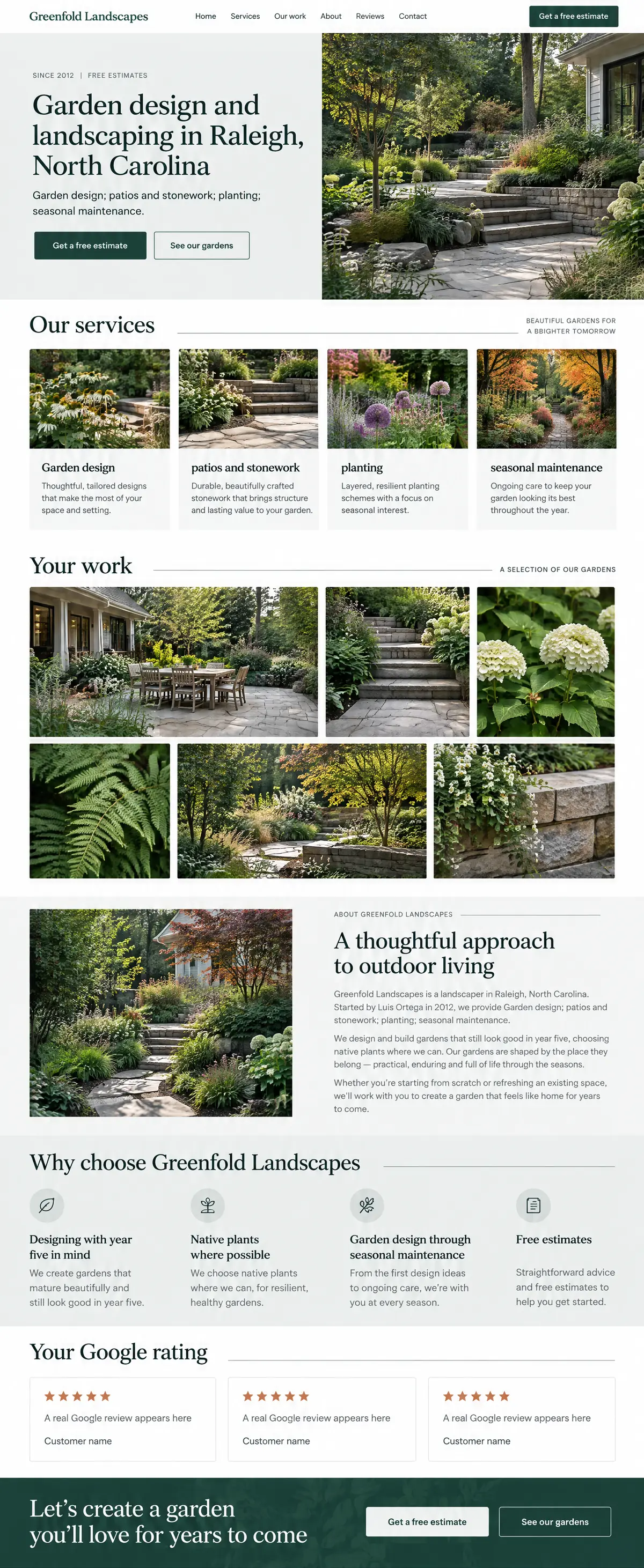 Homepage: Example homepage design for Greenfold Landscapes, a fictional landscaper in Raleigh, North Carolina (earthy look)