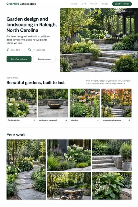 Example homepage design for Greenfold Landscapes, a fictional landscaper in Raleigh, North Carolina (light and clean look)