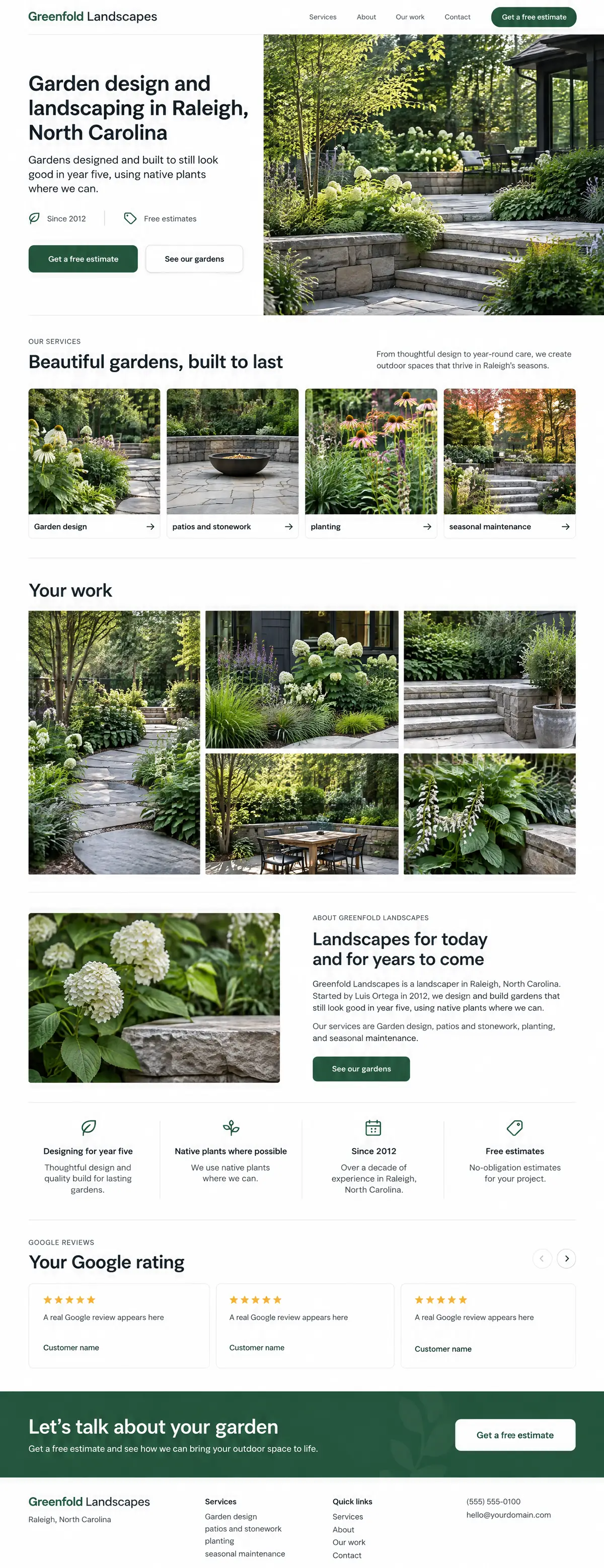 Homepage: Example homepage design for Greenfold Landscapes, a fictional landscaper in Raleigh, North Carolina (light and clean look)