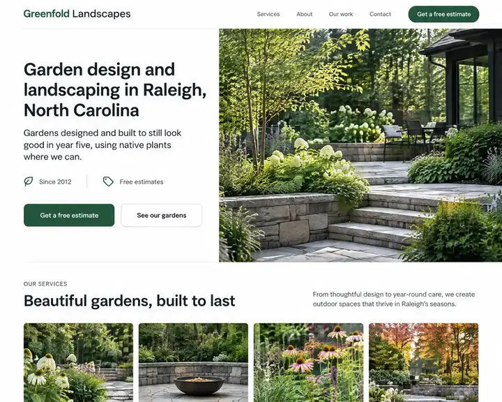 Example landscaping website design by Future for Greenfold Landscapes in Raleigh: a white page with one confident green, stone garden steps, Since 2012 and Free estimates badges, tiles for garden design, patios and stonework, planting and seasonal maintenance, and a grid of gardens