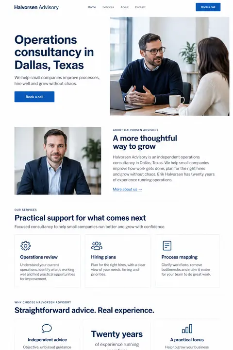 Example homepage design for Halvorsen Advisory, a fictional business consultant in Dallas, Texas (light and clean look)