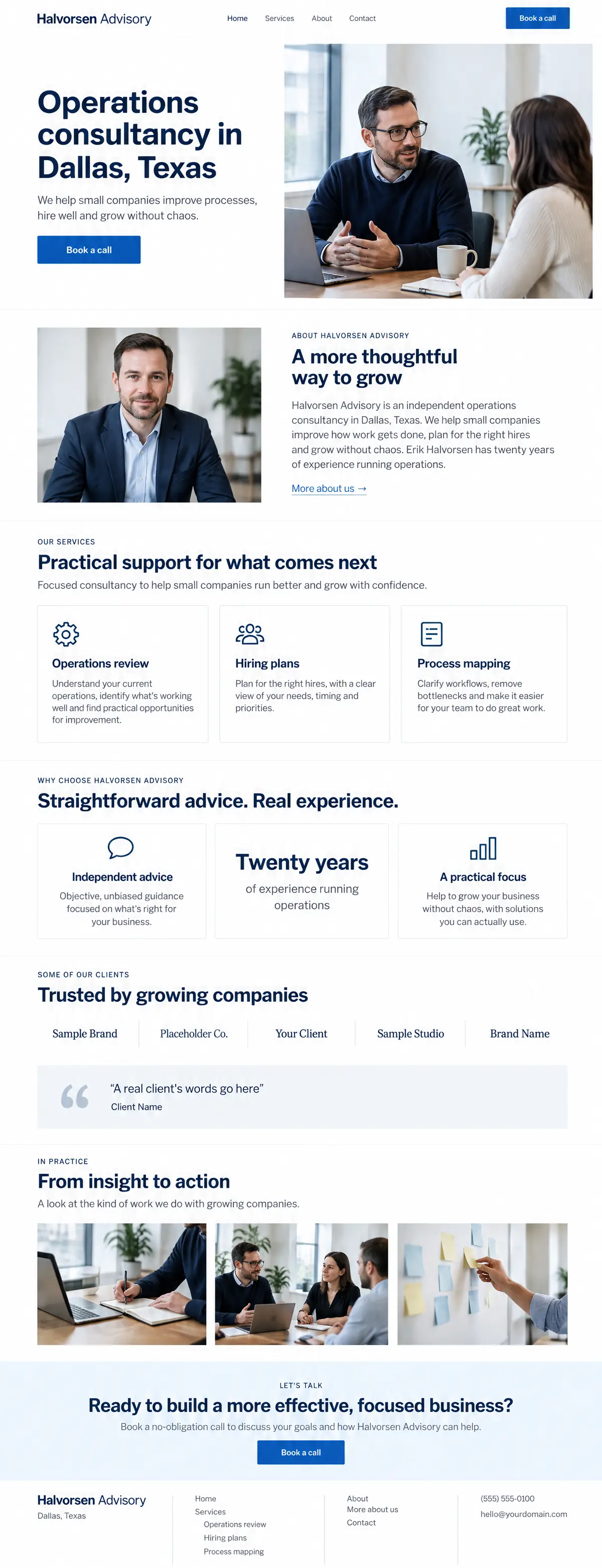 Homepage: Example homepage design for Halvorsen Advisory, a fictional business consultant in Dallas, Texas (light and clean look)