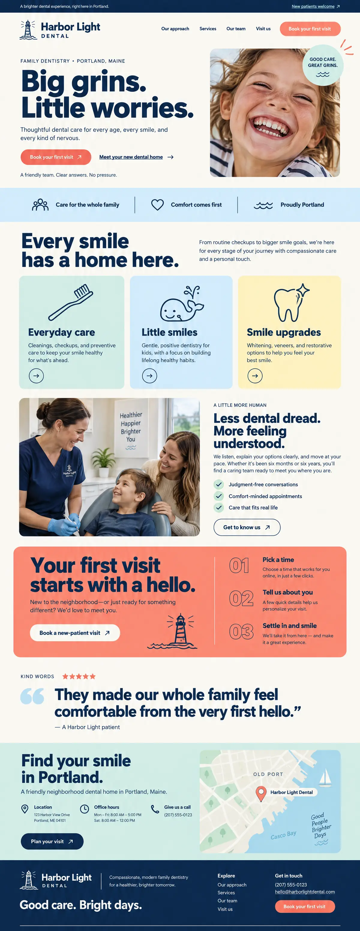 Homepage design for a family dentist in Portland: cream with navy, coral and pastel mint; 'Big grins. Little worries.' beside a laughing child; pastel service cards with tooth and whale icons; coral first-visit panel with a lighthouse drawing; Portland harbor map with hours