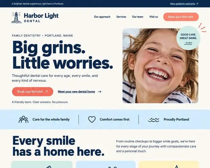 Homepage design for a family dentist in Portland: cream with navy, coral and pastel mint; 'Big grins. Little worries.' beside a laughing child; pastel service cards with tooth and whale icons; coral first-visit panel with a lighthouse drawing; Portland harbor map with hours