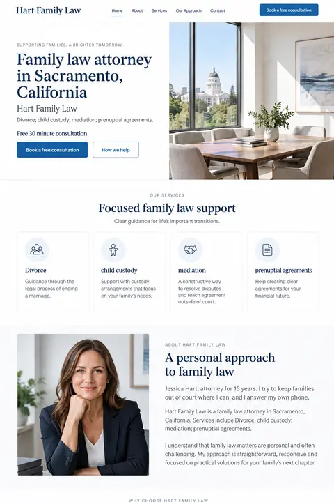 Example homepage design for Hart Family Law, a fictional family law attorney in Sacramento, California (light and clean look)