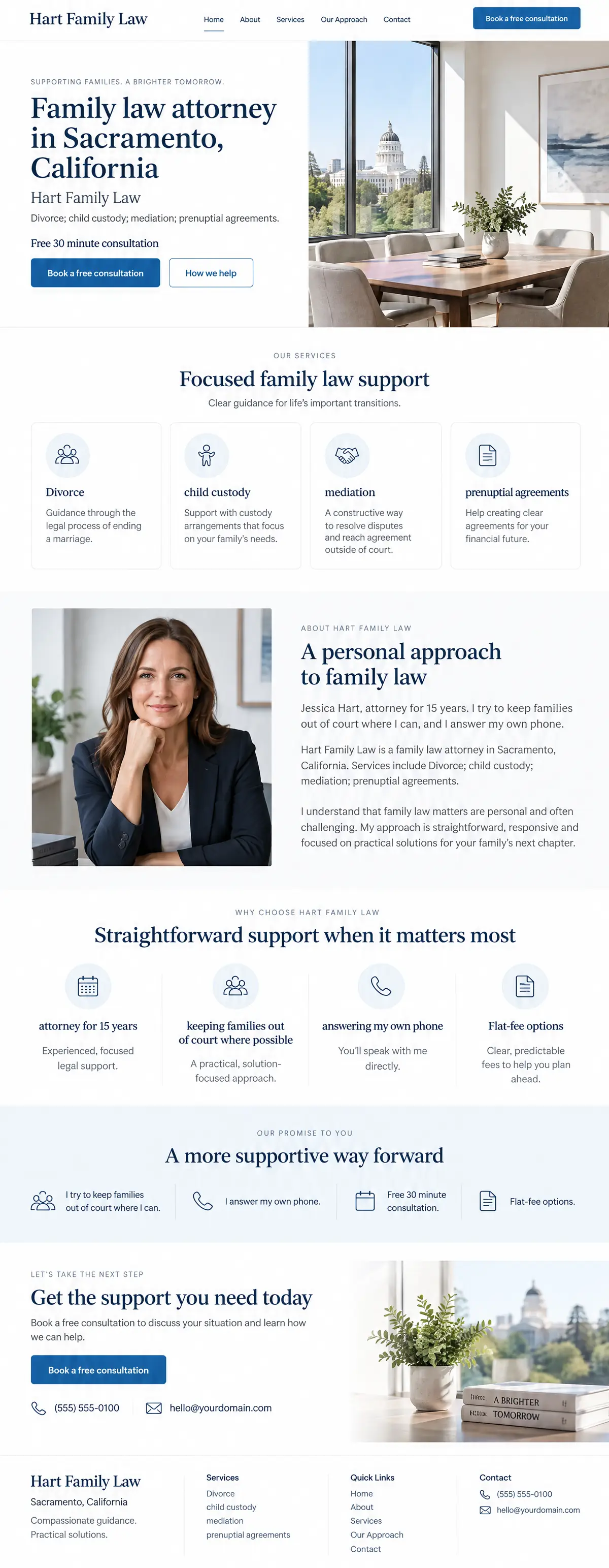 Homepage: Example homepage design for Hart Family Law, a fictional family law attorney in Sacramento, California (light and clean look)