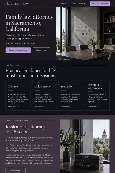 Example homepage design for Hart Family Law, a fictional family law attorney in Sacramento, California (luxury look)