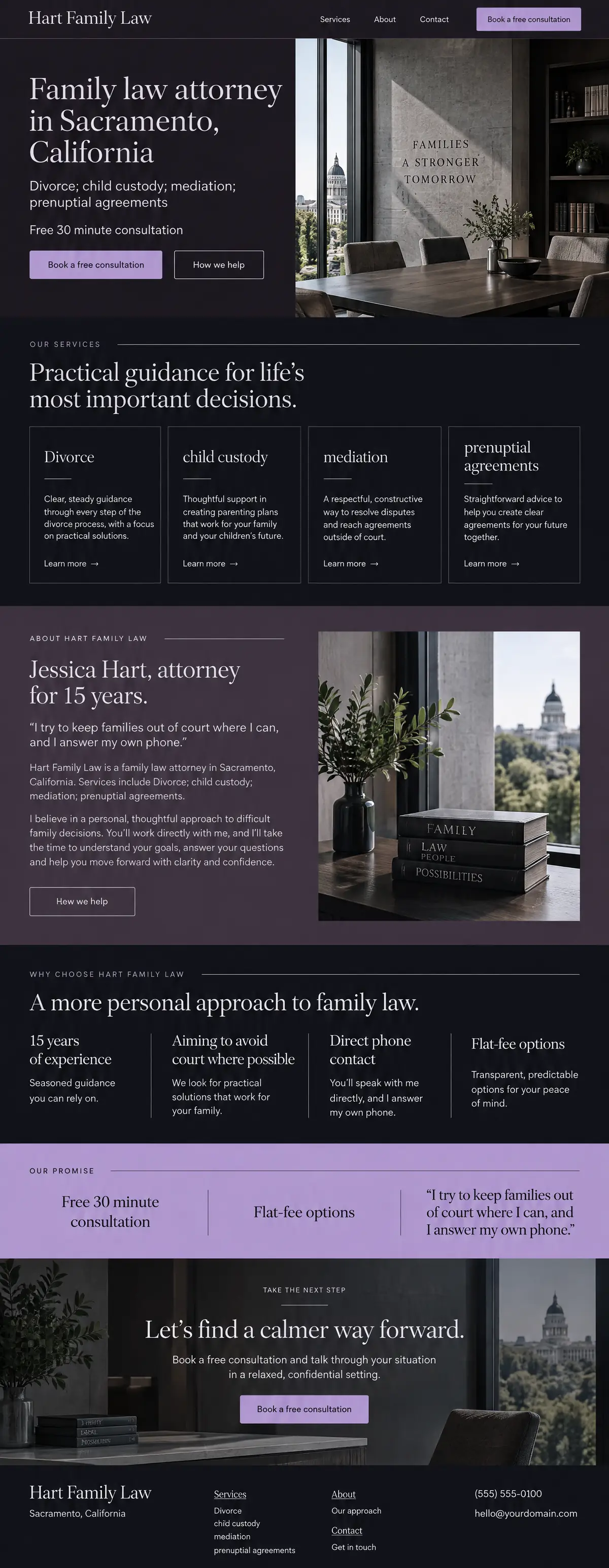 Homepage: Example homepage design for Hart Family Law, a fictional family law attorney in Sacramento, California (luxury look)