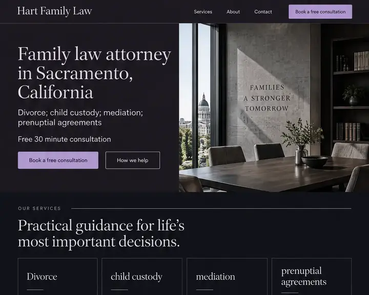 Homepage design for a family law attorney in Sacramento: serif headlines on deep plum with a lavender button; a free 30-minute consultation under the headline; divorce, child custody, mediation and prenuptial agreement cards; the attorney introduced with a quote
