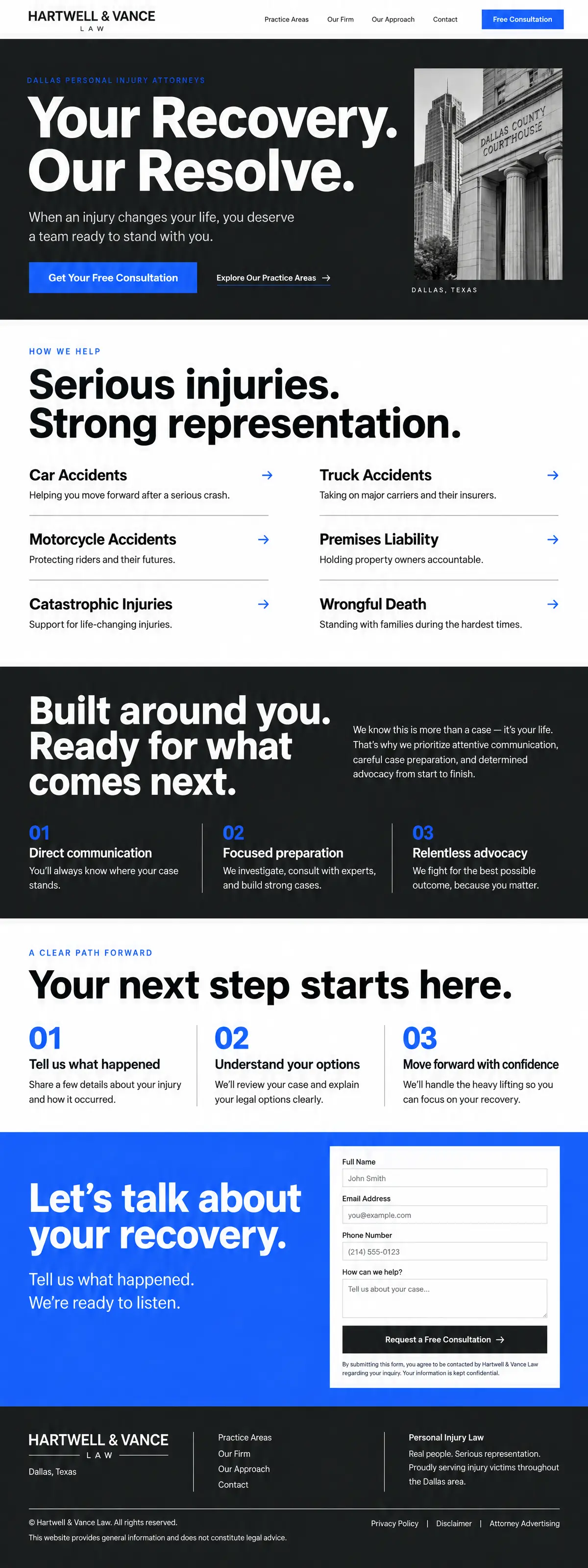 Homepage design for a personal injury law firm in Dallas: white, charcoal and bright blue; charcoal hero with a huge 'Your Recovery. Our Resolve.' beside a black-and-white courthouse photo; two-column practice-area list; three-pillar section; numbered next steps; blue consultation form