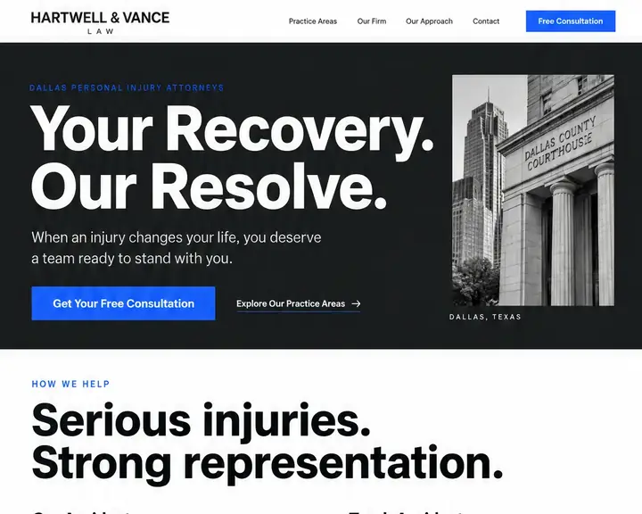 Homepage design for a personal injury law firm in Dallas: white, charcoal and bright blue; charcoal hero with a huge 'Your Recovery. Our Resolve.' beside a black-and-white courthouse photo; two-column practice-area list; three-pillar section; numbered next steps; blue consultation form