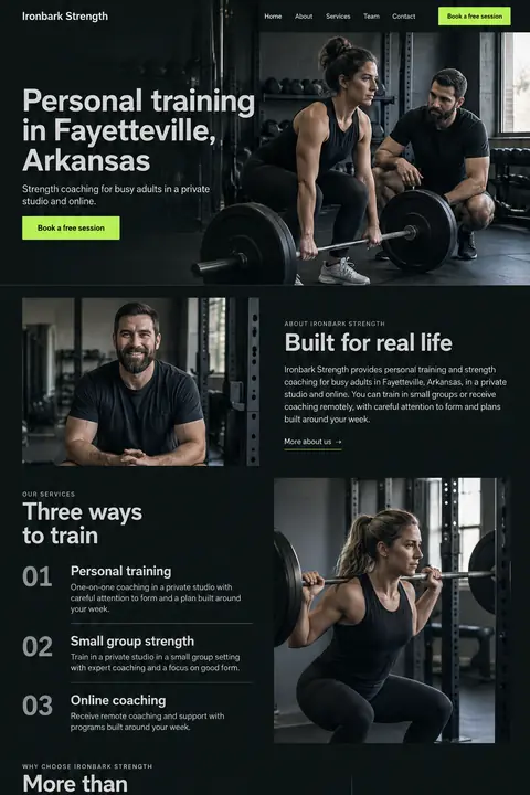 Example homepage design for Ironbark Strength, a fictional personal trainer in Fayetteville, Arkansas (bold and dark look)