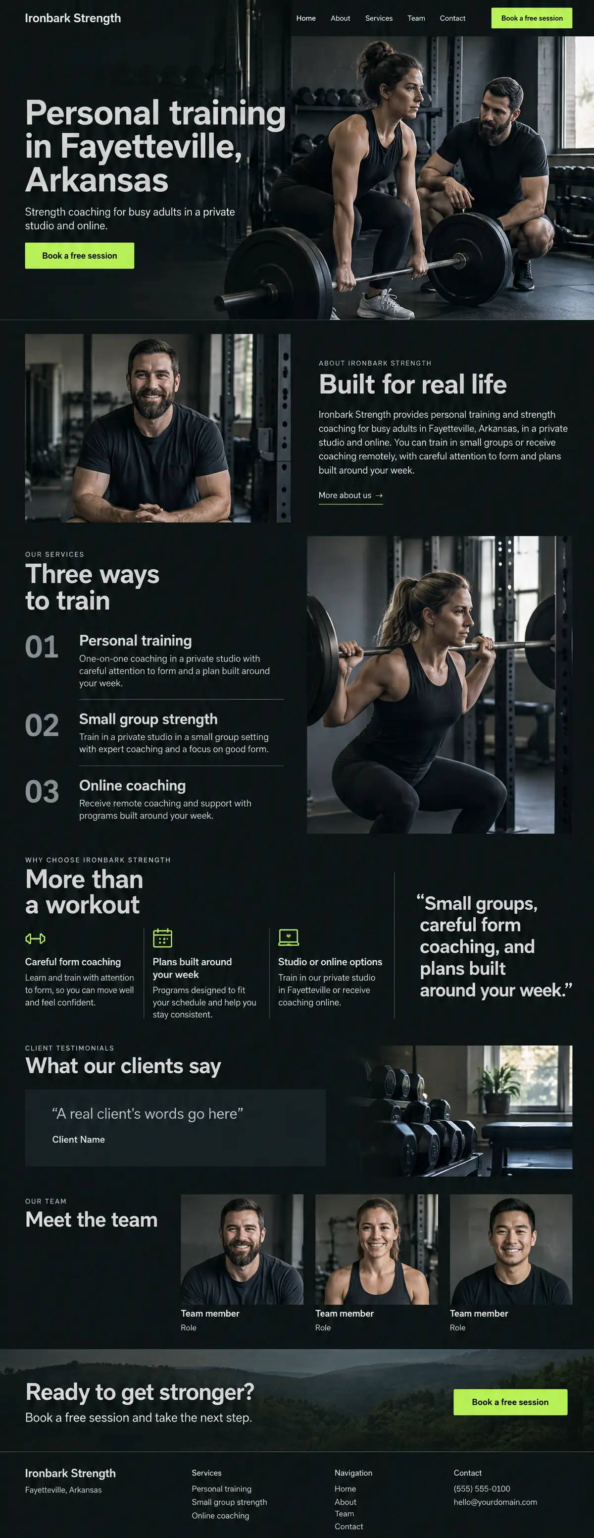 Homepage: Example homepage design for Ironbark Strength, a fictional personal trainer in Fayetteville, Arkansas (bold and dark look)