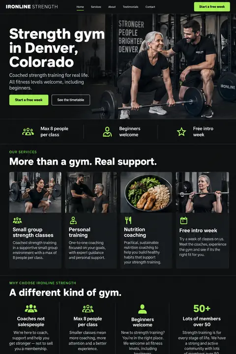 Example homepage design for Ironline Strength, a fictional strength gym in Denver, Colorado (bold and dark look)