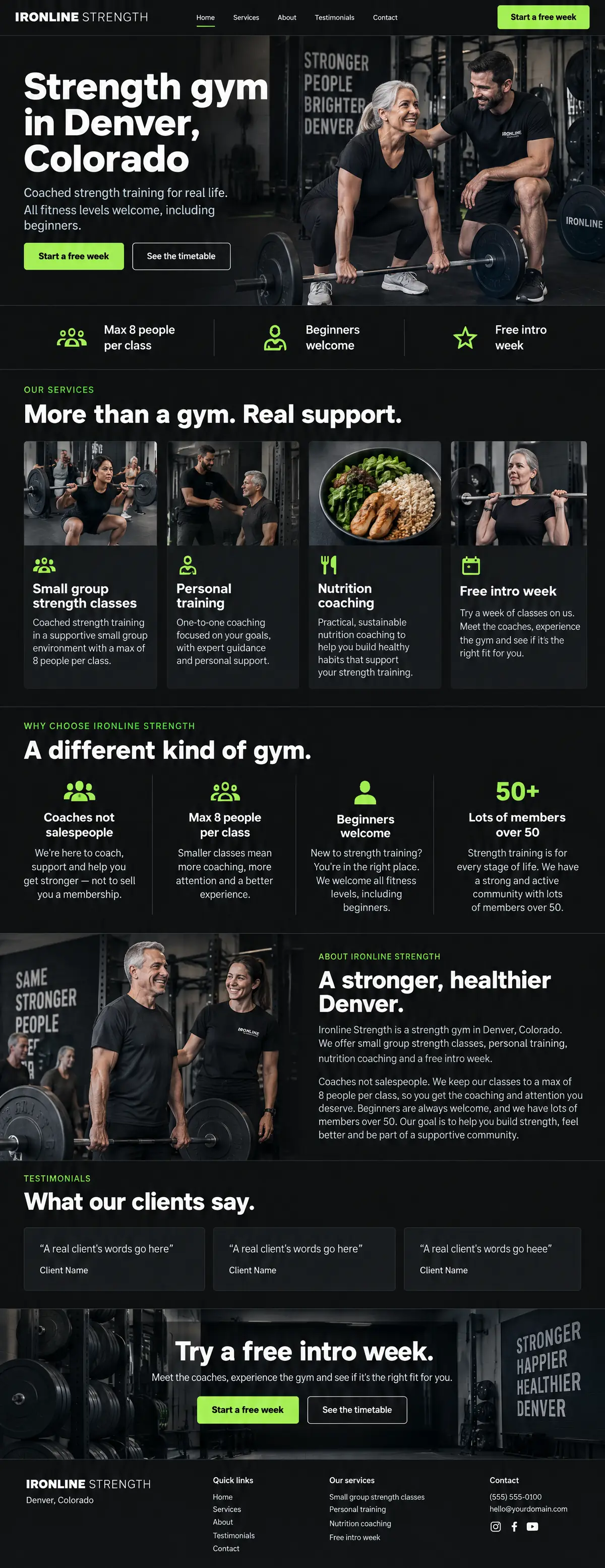 Homepage: Example homepage design for Ironline Strength, a fictional strength gym in Denver, Colorado (bold and dark look)
