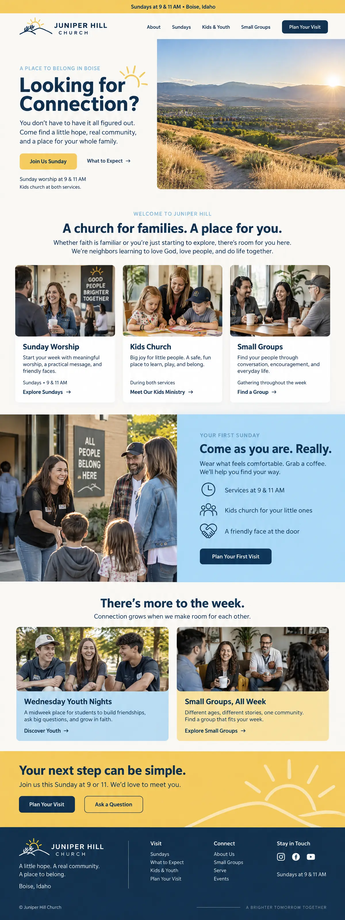 Homepage design for a church in Boise: navy, sunshine yellow and sky blue; 'Looking for Connection?' beside a foothills trail at sunrise; worship, kids and groups photo cards; 'Come as you are. Really.' section; youth and small-group cards; yellow call-to-action band with a sun drawing