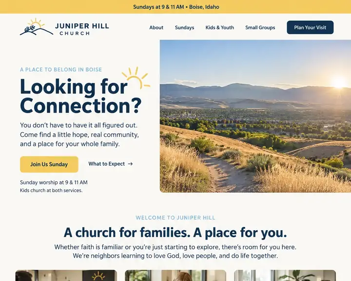 Homepage design for a church in Boise: navy, sunshine yellow and sky blue; a yellow top bar with Sunday service times; Plan Your Visit button; 'Looking for Connection?' beside a foothills trail at sunrise; worship, kids church and small-group cards