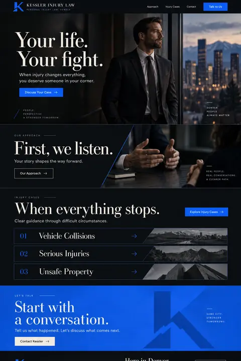 Example homepage design for Kessler Injury Law, a fictional personal injury law firm in Denver, Colorado (bold and dark look)
