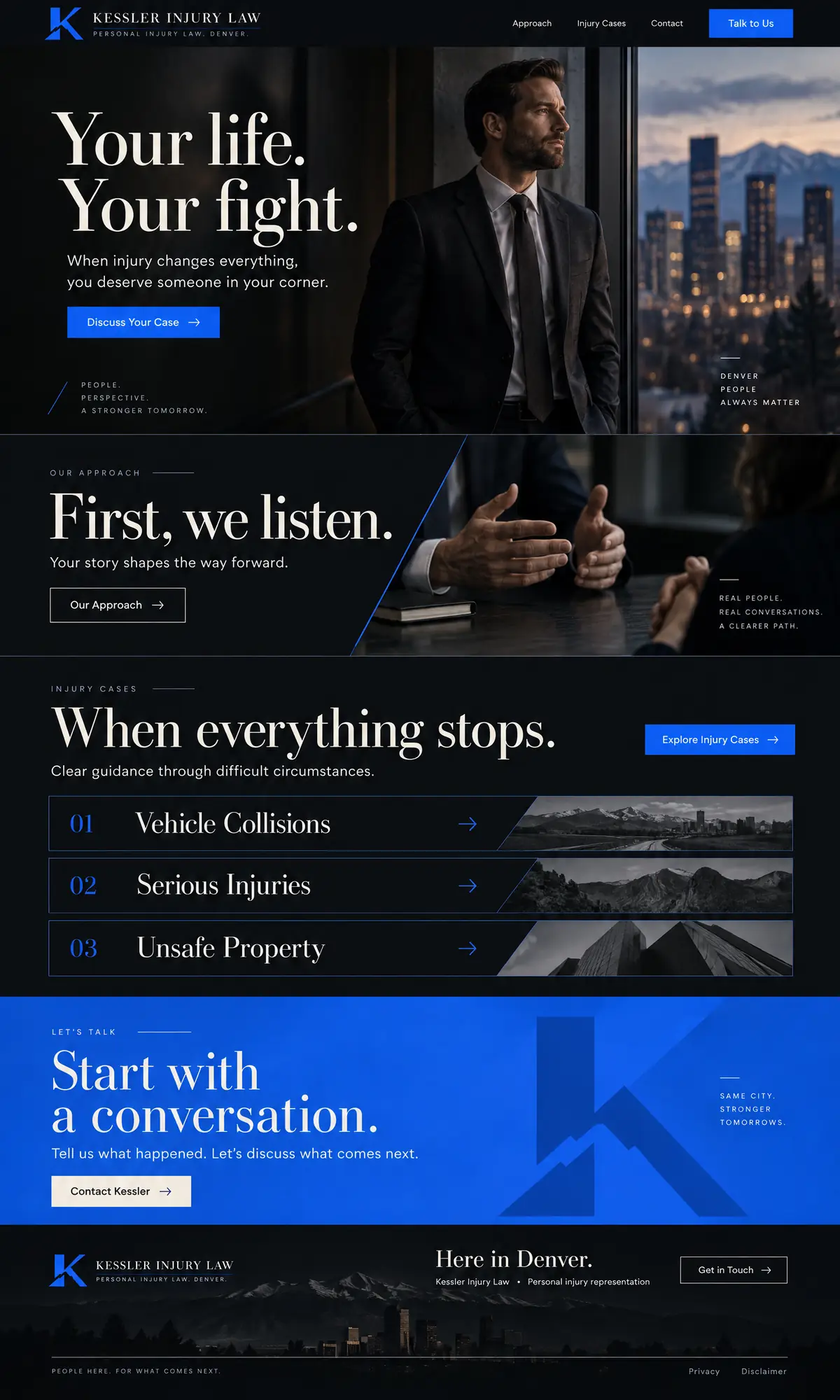 Homepage: Example homepage design for Kessler Injury Law, a fictional personal injury law firm in Denver, Colorado (bold and dark look)