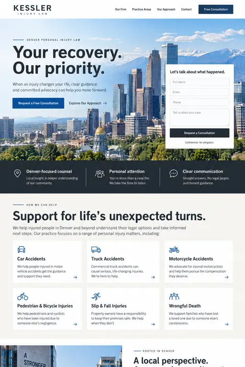 Example homepage design for Kessler Injury Law, a fictional personal injury law firm in Denver, Colorado (light and clean look)