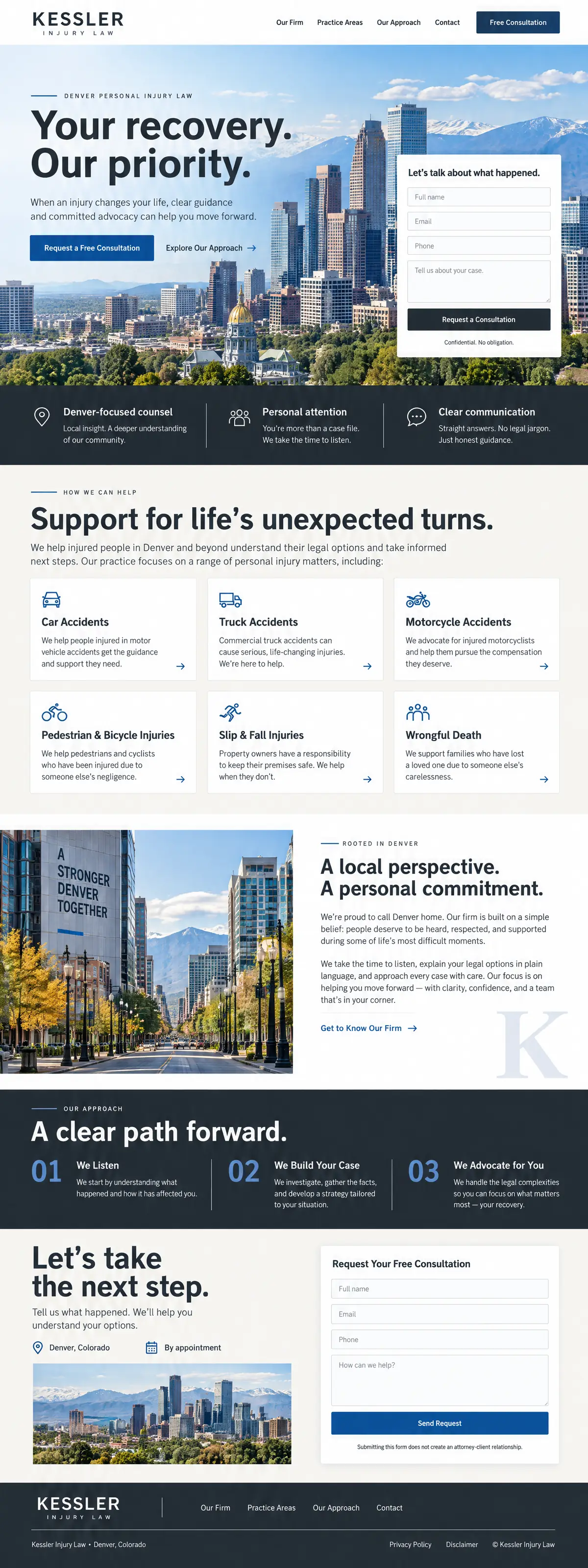 Homepage: Example homepage design for Kessler Injury Law, a fictional personal injury law firm in Denver, Colorado (light and clean look)