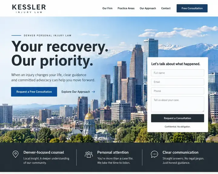 Homepage design for a personal injury law firm in Denver: white and charcoal with a full-width Denver skyline and a consultation form; car and truck accidents, serious injuries, unsafe property and wrongful death