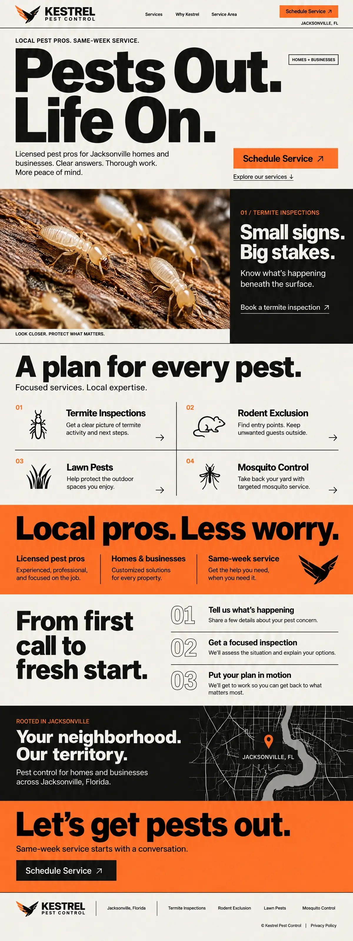 Homepage design for a pest control company in Jacksonville: cream, black and orange; giant 'Pests Out. Life On.' headline; macro termite photo beside a black panel; four line-icon services for termites, rodents, lawn pests and mosquitoes; orange 'Local pros. Less worry.' band; dark Jacksonville map