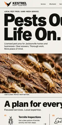 The top of the same pest control company design in a phone-sized frame