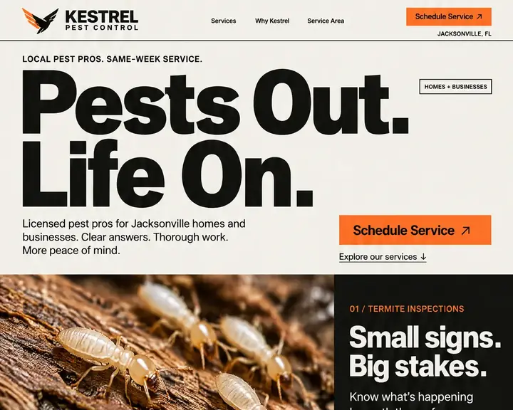 Homepage design for a pest control company in Jacksonville: cream, black and orange; giant 'Pests Out. Life On.' headline; Schedule Service button; macro termite photo beside a termite inspection panel; line-icon services for termites, rodents, lawn pests and mosquitoes; orange 'Local pros. Less worry.' band