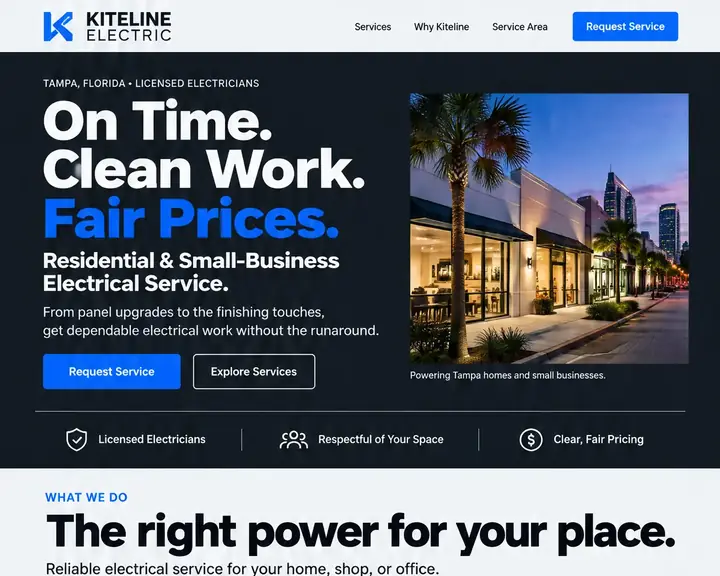 Homepage design for an electrician in Tampa: dark navy and electric blue; bold white 'On Time. Clean Work. Fair Prices.' beside a dusk photo of lit storefronts and palms; numbered list of five services; 'Good work. No surprises.' checklist; blue band with a street-grid map; contact form