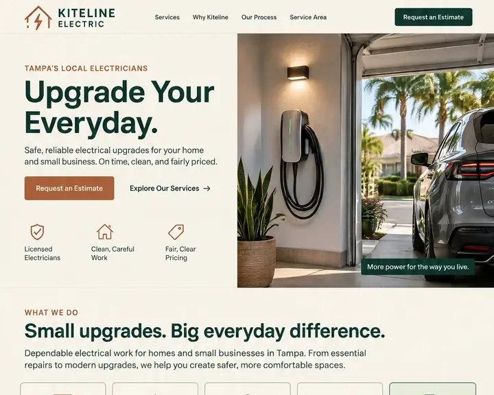 Homepage design for an electrician in Tampa: cream, forest green and terracotta; 'Upgrade Your Everyday.' beside a wall-mounted EV charger in a garage with palms outside; five outlined service cards; living room with a ceiling fan; three-step process; Tampa Bay map