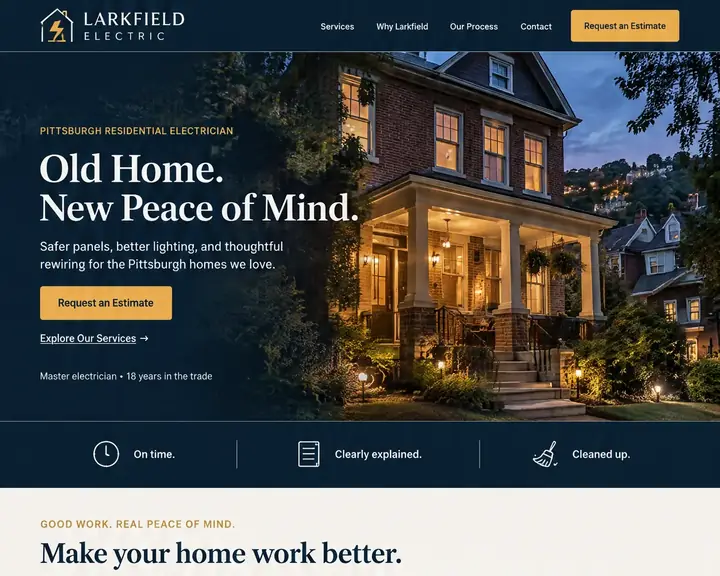 Homepage design for an electrician in Pittsburgh: deep navy, cream and gold with serif headlines; 'Old Home. New Peace of Mind.' over a lit brick house at dusk; panel, lighting and rewiring cards; EV charger strip; electrician at an outlet; numbered process; Pittsburgh row houses at sunset