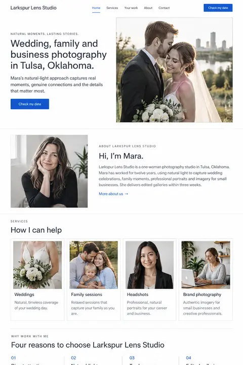 Example homepage design for Larkspur Lens Studio, a fictional photographer in Tulsa, Oklahoma (light and clean look)