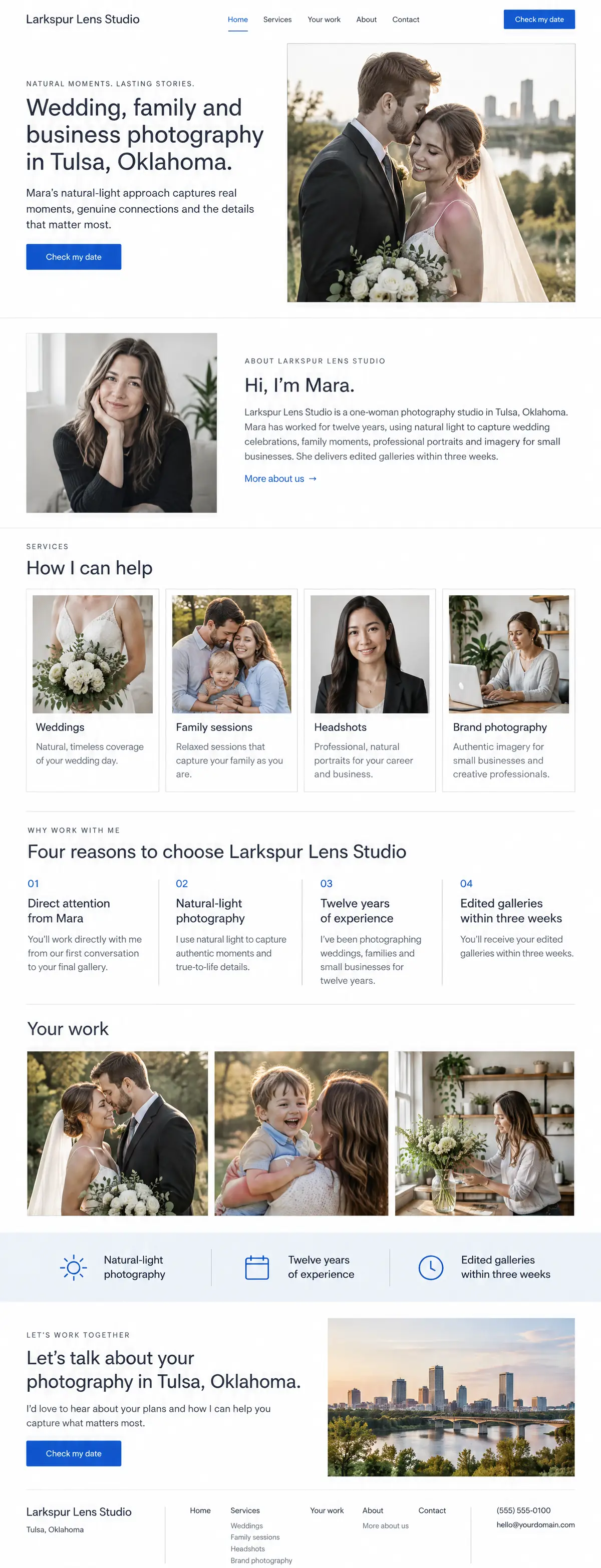 Homepage: Example homepage design for Larkspur Lens Studio, a fictional photographer in Tulsa, Oklahoma (light and clean look)