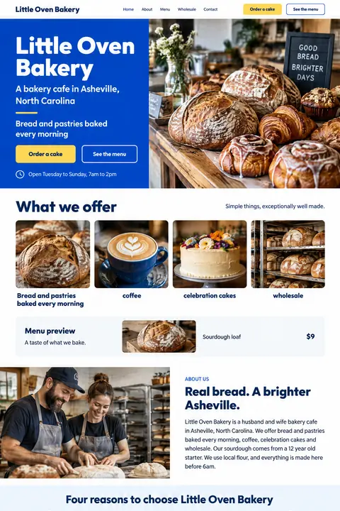 Example homepage design for Little Oven Bakery, a fictional bakery cafe in Asheville, North Carolina (color-forward look)