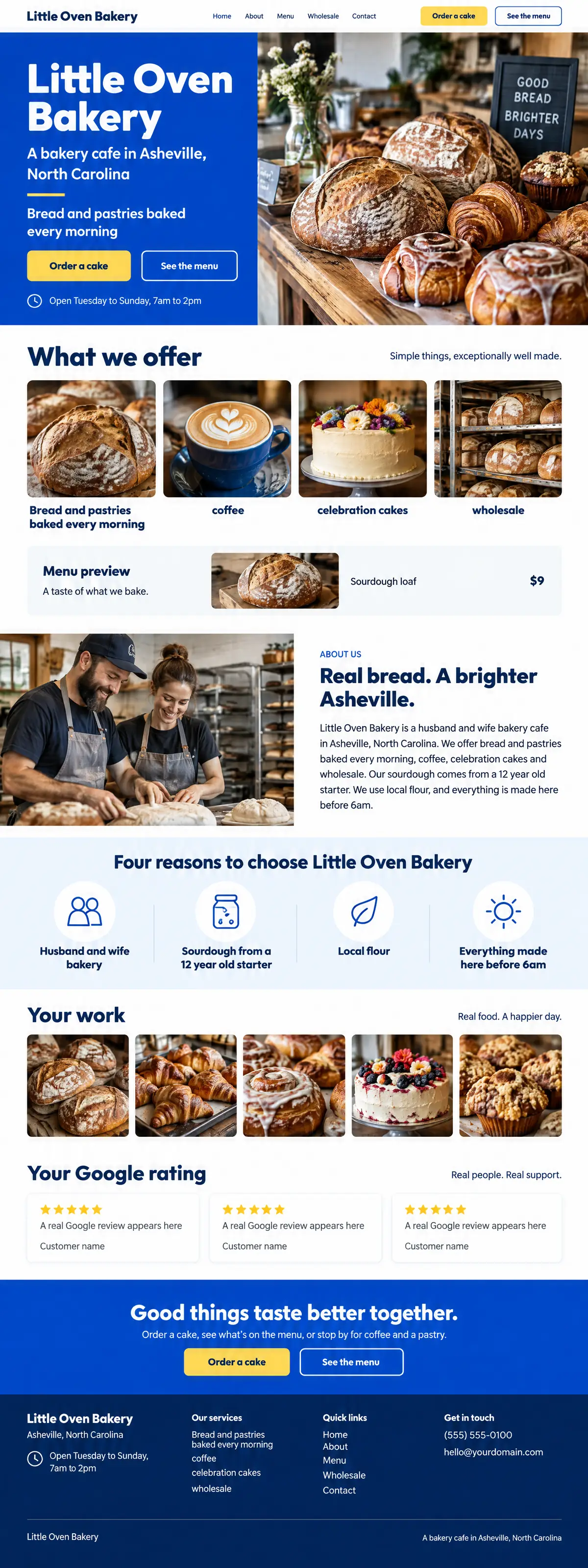 Homepage: Example homepage design for Little Oven Bakery, a fictional bakery cafe in Asheville, North Carolina (color-forward look)