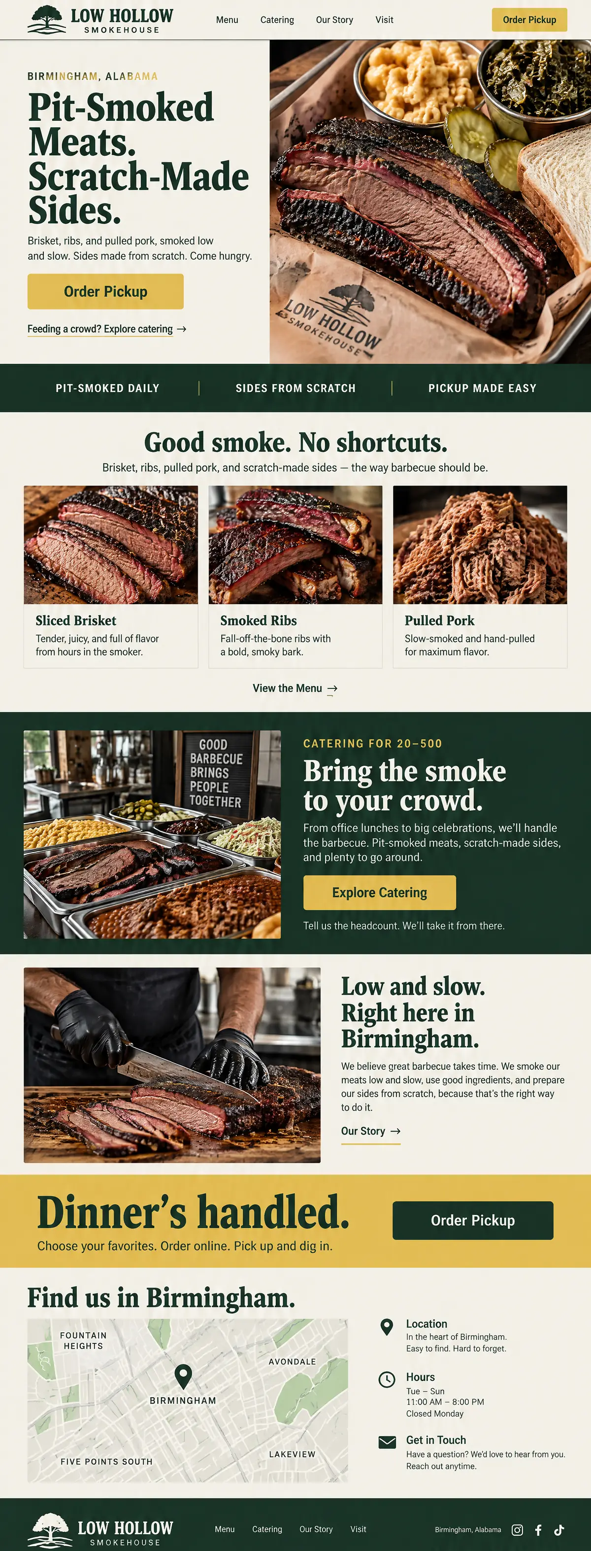 Homepage design for a barbecue restaurant in Birmingham: forest green, mustard and cream; 'Pit-Smoked Meats. Scratch-Made Sides.' beside sliced brisket on butcher paper; menu cards; catering section; yellow 'Dinner's handled.' pickup band; Birmingham map with hours