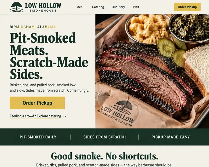 Homepage design for a barbecue restaurant in Birmingham: forest green, mustard and cream; 'Pit-Smoked Meats. Scratch-Made Sides.' beside sliced brisket on butcher paper; Order Pickup button in the header and hero; menu cards; catering section; yellow 'Dinner's handled.' pickup band; Birmingham map with hours