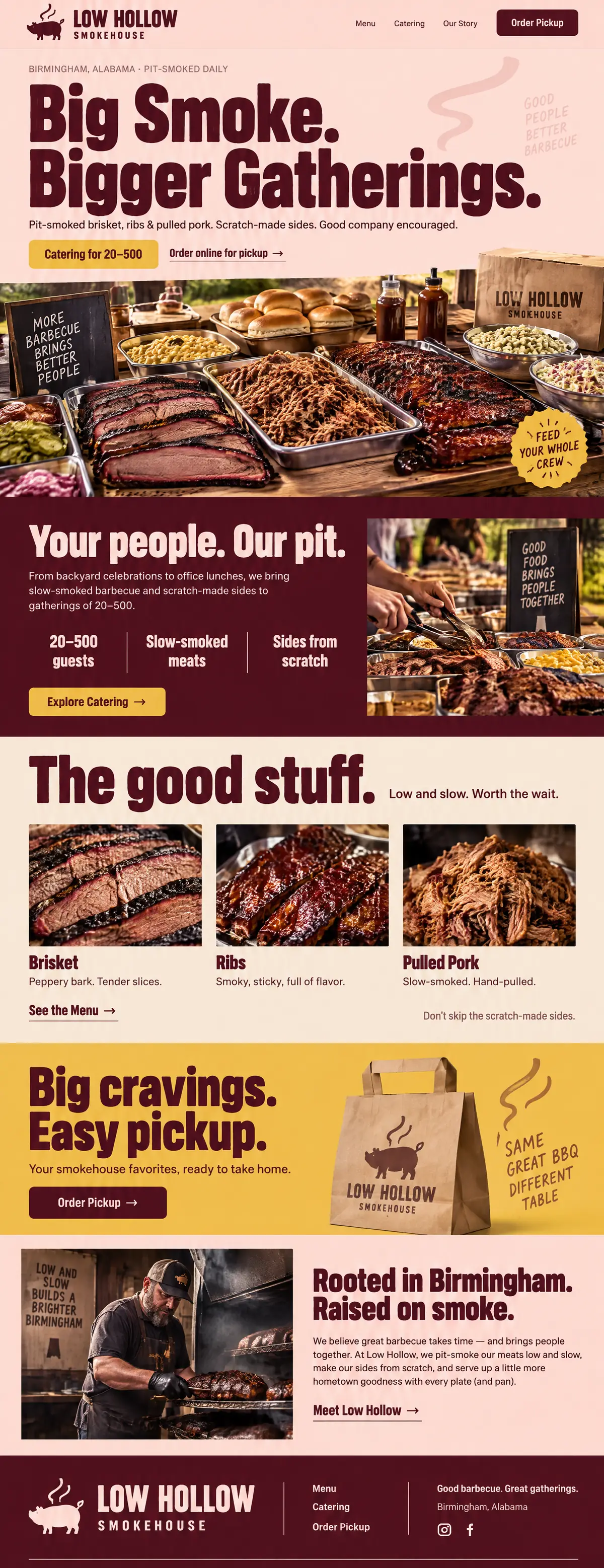 Homepage design for a barbecue restaurant in Birmingham: blush pink, maroon and mustard; huge condensed 'Big Smoke. Bigger Gatherings.' over an outdoor catering spread; maroon catering band for 20 to 500 guests; brisket, ribs and pulled pork cards; yellow order-pickup band; pitmaster at the smoker