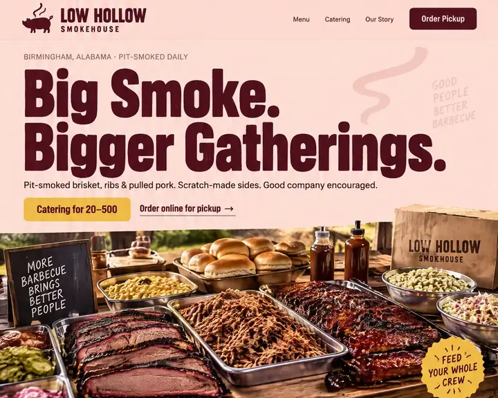 Homepage design for a barbecue restaurant in Birmingham: blush pink, maroon and mustard; huge condensed 'Big Smoke. Bigger Gatherings.' over an outdoor catering spread; Catering for 20-500 and Order online for pickup buttons; maroon catering band; brisket, ribs and pulled pork cards